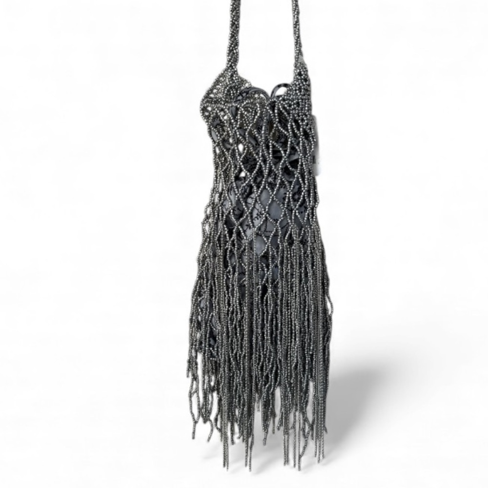 Free People purse Silver pewter Hayes Shoulder Bag NEW Beaded netting - Picture 2 of 7
